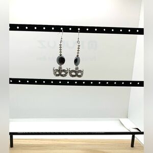 Handcrafted Women’s Earrings Hematite Disc Silvertone Spirals Rhinestone Mask